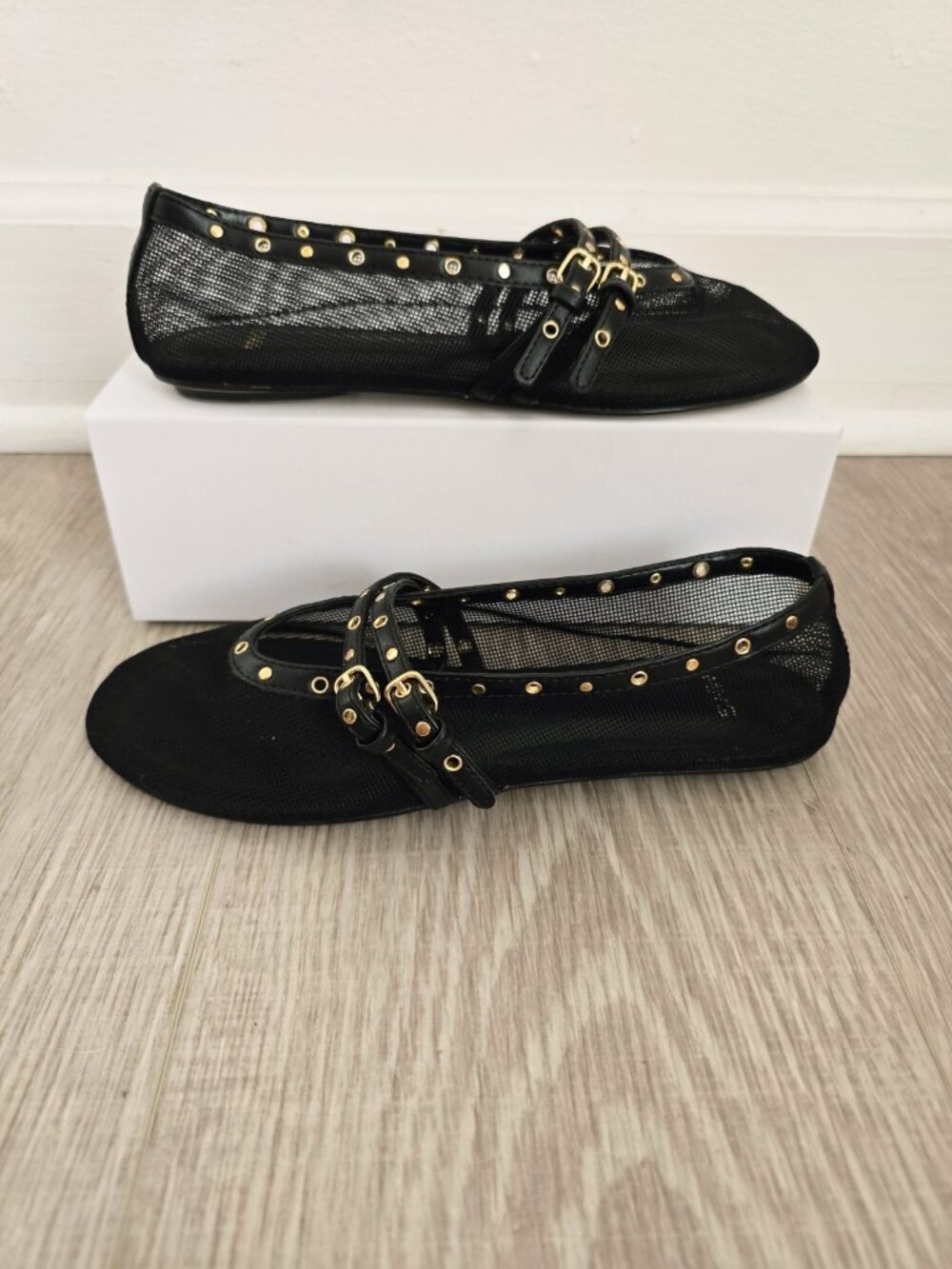 Mango Studded Buckle Strap Mesh Ballet Flats 36 6 Ballerina Black Mary Jane